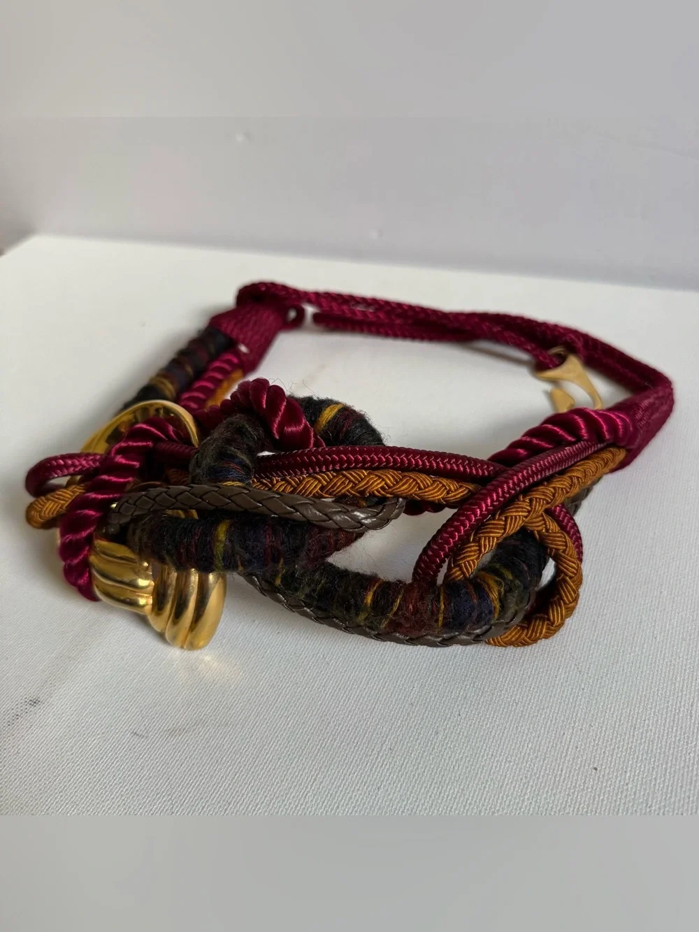 Vtg Burgundy Mixed Media Braided Woven Cord Belt Gold Tone Art To Wear Statement